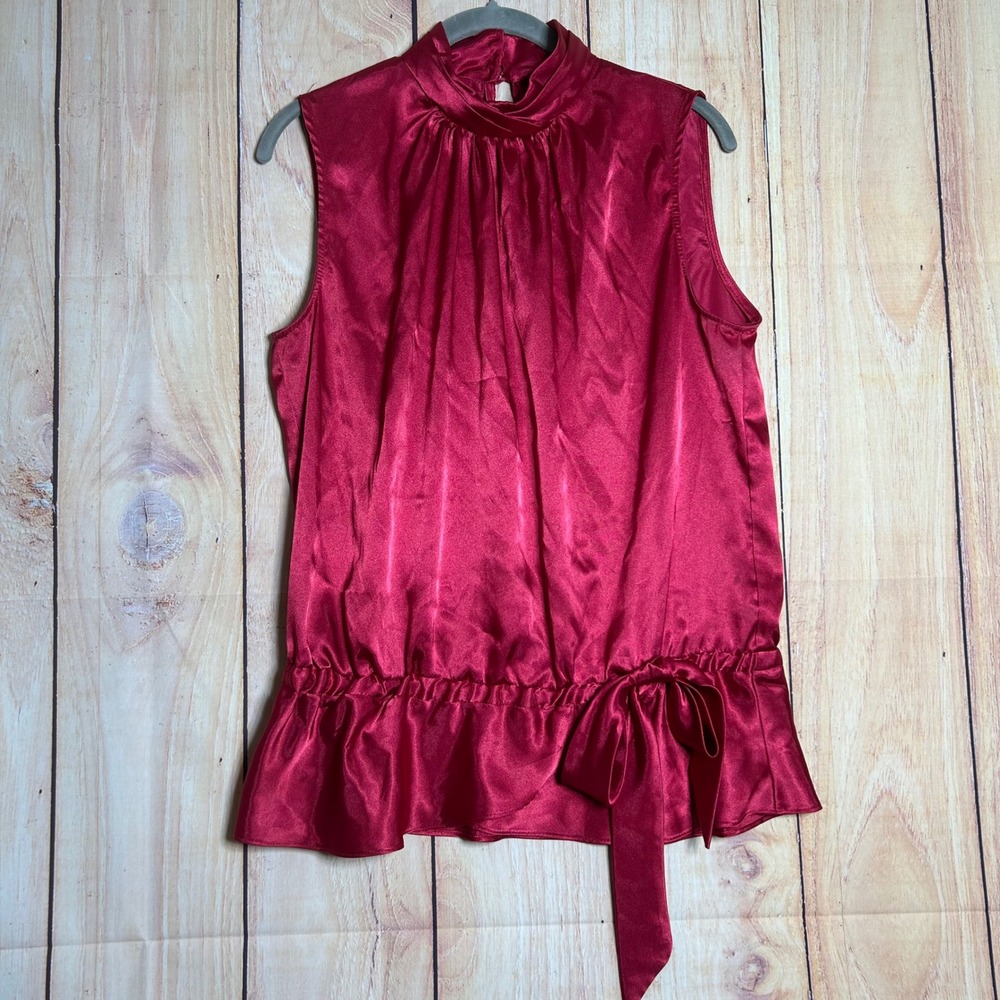 Night Way Blouse Women Large‎ Red Satin Peplum Mock Neck Bow Holiday Coquette